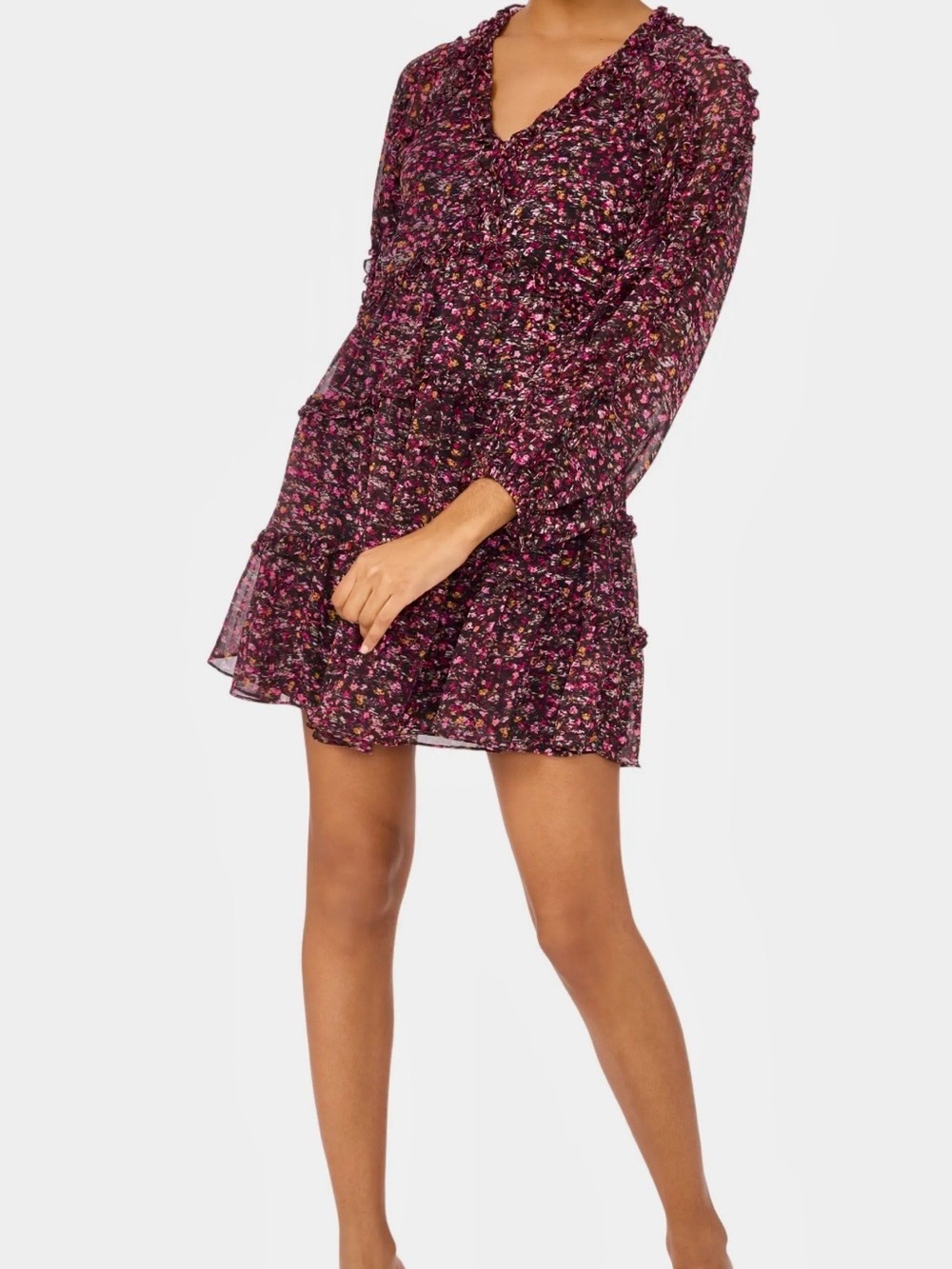 CeCe ‘Floral Long Sleeve Tiered Dress’ in “Rich Black” w/ Purple Flowers Size 8